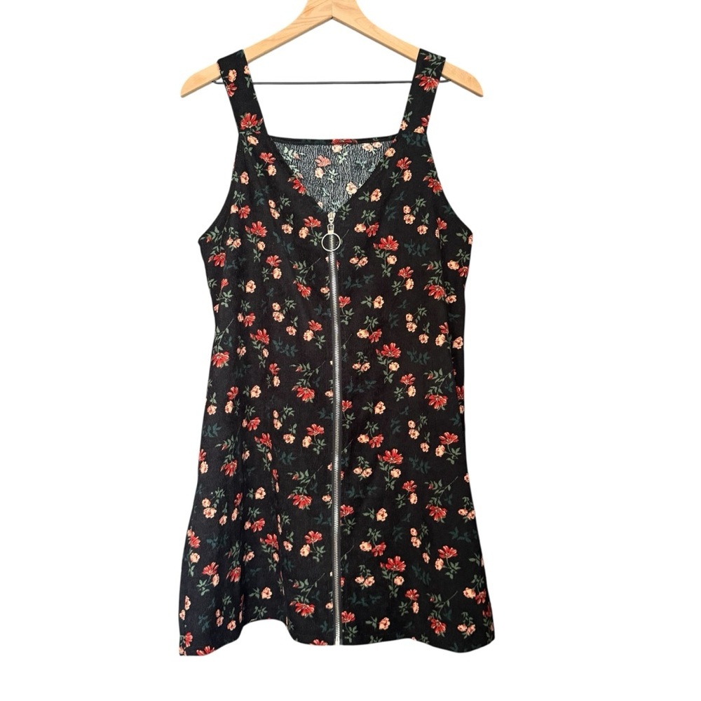 Corduroy Floral Black Zip-Up Jumper Dress